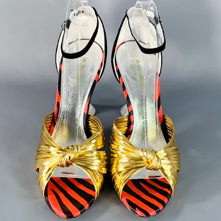 MARNI Size 9 Gold Pink Satin Leather Ankle Strap Stiletto Heels Sandals
