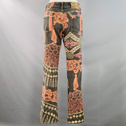 JUST CAVALLI Size 27 Grey Pink Gold Cotton Blend Abstract Tassels Jeans