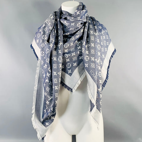 LOUIS VUITTON Blue Grey Monogram Silk Wool Square Fringe Scarf Shawl