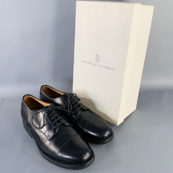 BRUNELLO CUCINELLI Size 8 Black Leather Cap Toe Derby Lace-Up Shoes