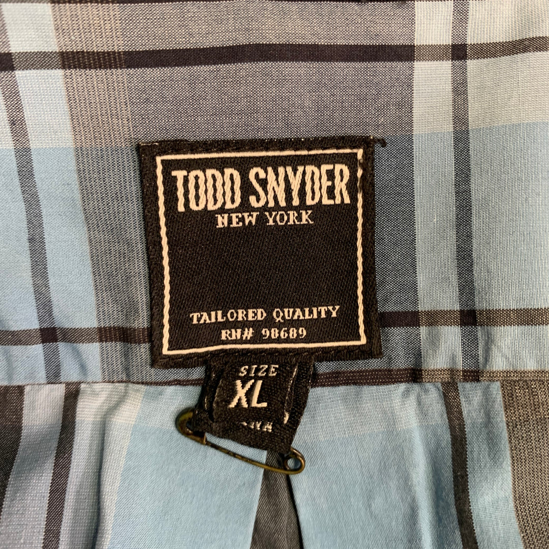 TODD SNYDER Size XL Blue Navy Checkered Cotton One Pocket Short Sleeve Shirt