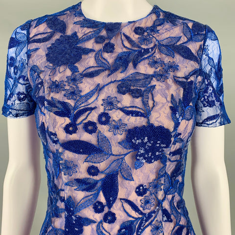 COSTARELLOS Size 4 Blue Nude Polyester Blend Floral Sequined Midi Cocktail Dress