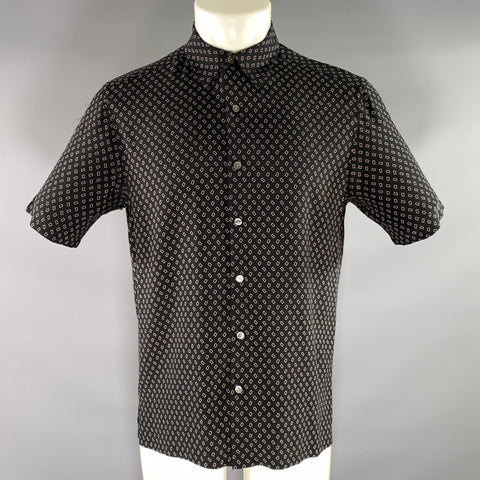 THEORY Size M Black Beige Geometric Silk spandex Button Up Short Sleeve Shirt