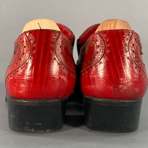 JOHN FLUEVOG Size 9 Red Lizard Embossed Leather Wingtip Chunky Heeled Loafers