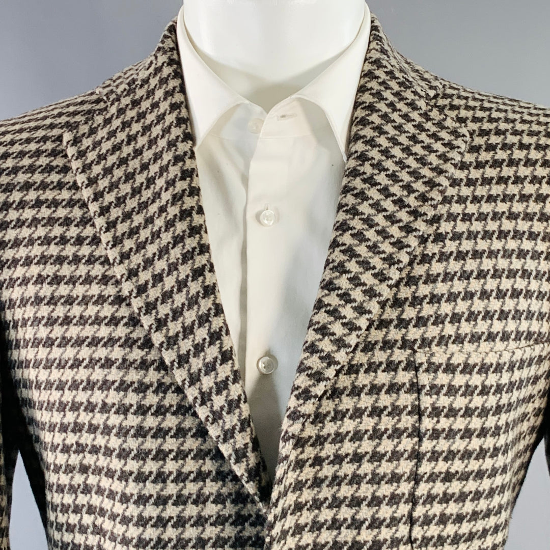 BALLY Size 40 Brown Taupe Houndstooth Wool Blend Notch Lapel Sport Coat