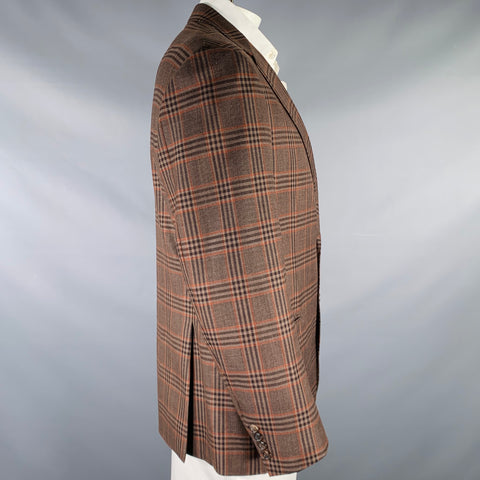 BRIONI Size 44 Brown Orange Plaid Wool Single Breasted Sport Coat