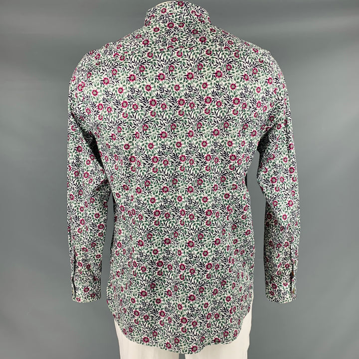 TED BAKER Size L White Black Purple Floral Cotton Button Up Long Sleeve Shirt