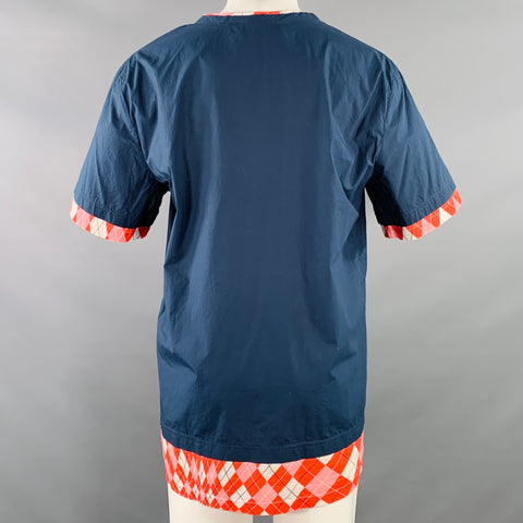 MSGM Size M Navy Red White Cotton Plaid Trim Crew Neck T-shirt