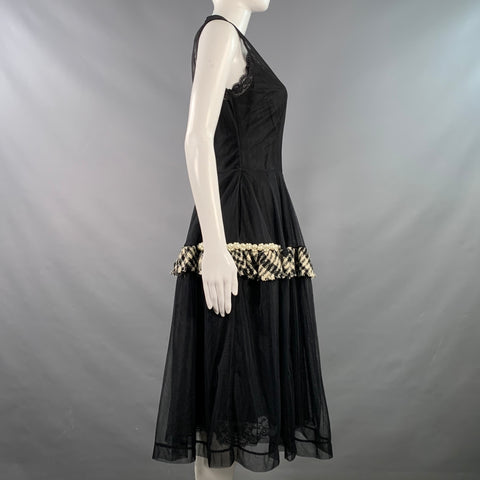 SIMONE ROCHA Size 6 Black White Viscose Blend Mesh Faux Pearls Plaid Trim Sleeveless Cocktail Dress