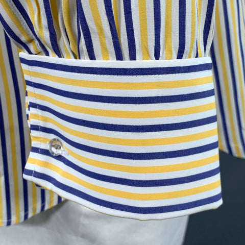 TURNBULL & ASSER Vintage Size L White Navy Yellow Stripe Cotton French Cuff Long Sleeve Shirt