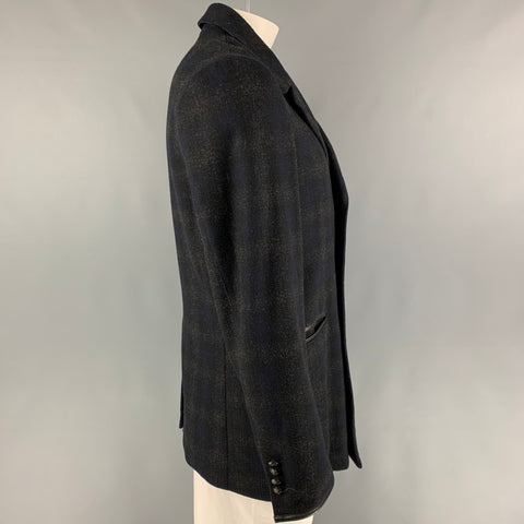 JOHN VARVATOS * U.S.A. Size L Charcoal Navy Plaid Wool Blend Coat