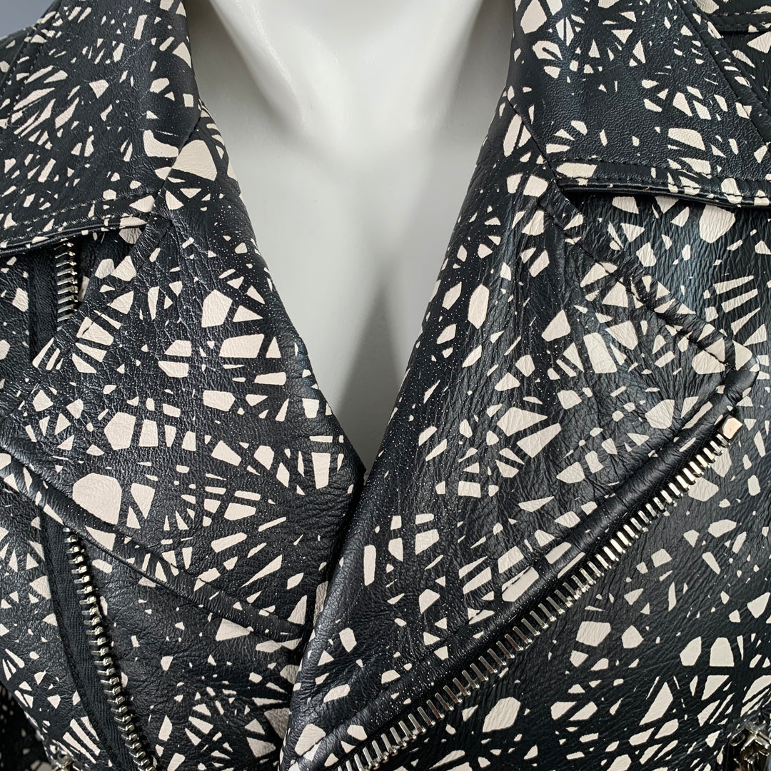 BALENCIAGA Size 34 Black White Marbled Lambskin Leather Motorcycle Jacket