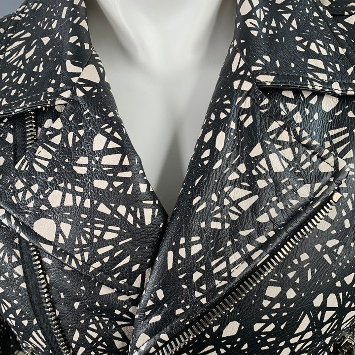 BALENCIAGA Size 34 Black White Marbled Lambskin Leather Motorcycle Jacket