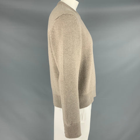 THOM BROWNE Size XL Oatmeal White Stripe Wool Knit Crew-Neck Sweater