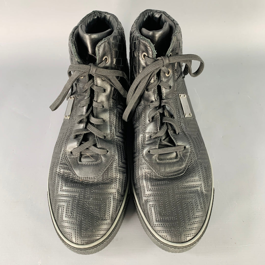 GIANNI VERSACE Size 11 Black Greca Leather High Top Sneakers
