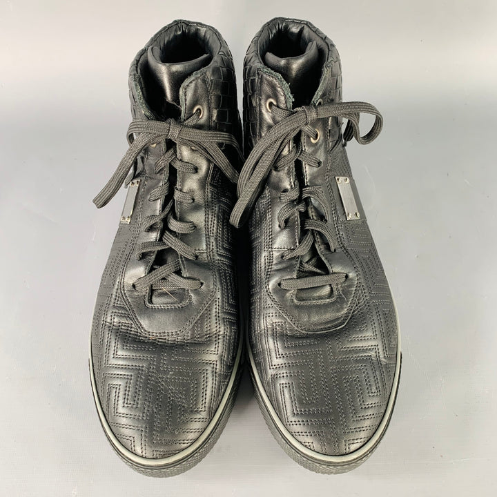 GIANNI VERSACE Size 11 Black Greca Leather High Top Sneakers