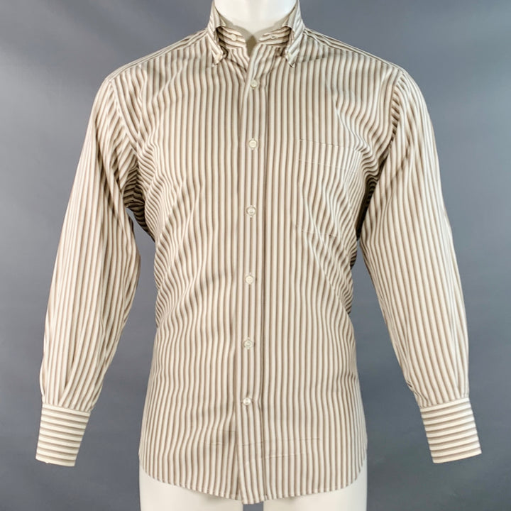 LORO PIANA Size M Brown Cream Stripe Cotton One Pocket Long Sleeve Shirt