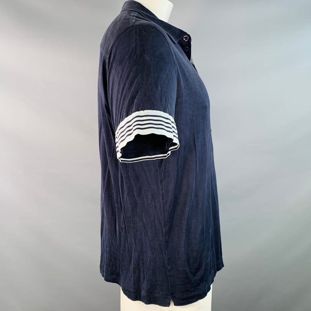 GIORGIO ARMANI Size L Navy Blue Contrast Trim Silk Blend Short Sleeve Polo