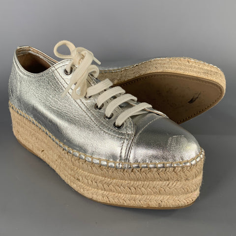 MIU MIU Size 8 Silver Espadrille Platform Sneakers