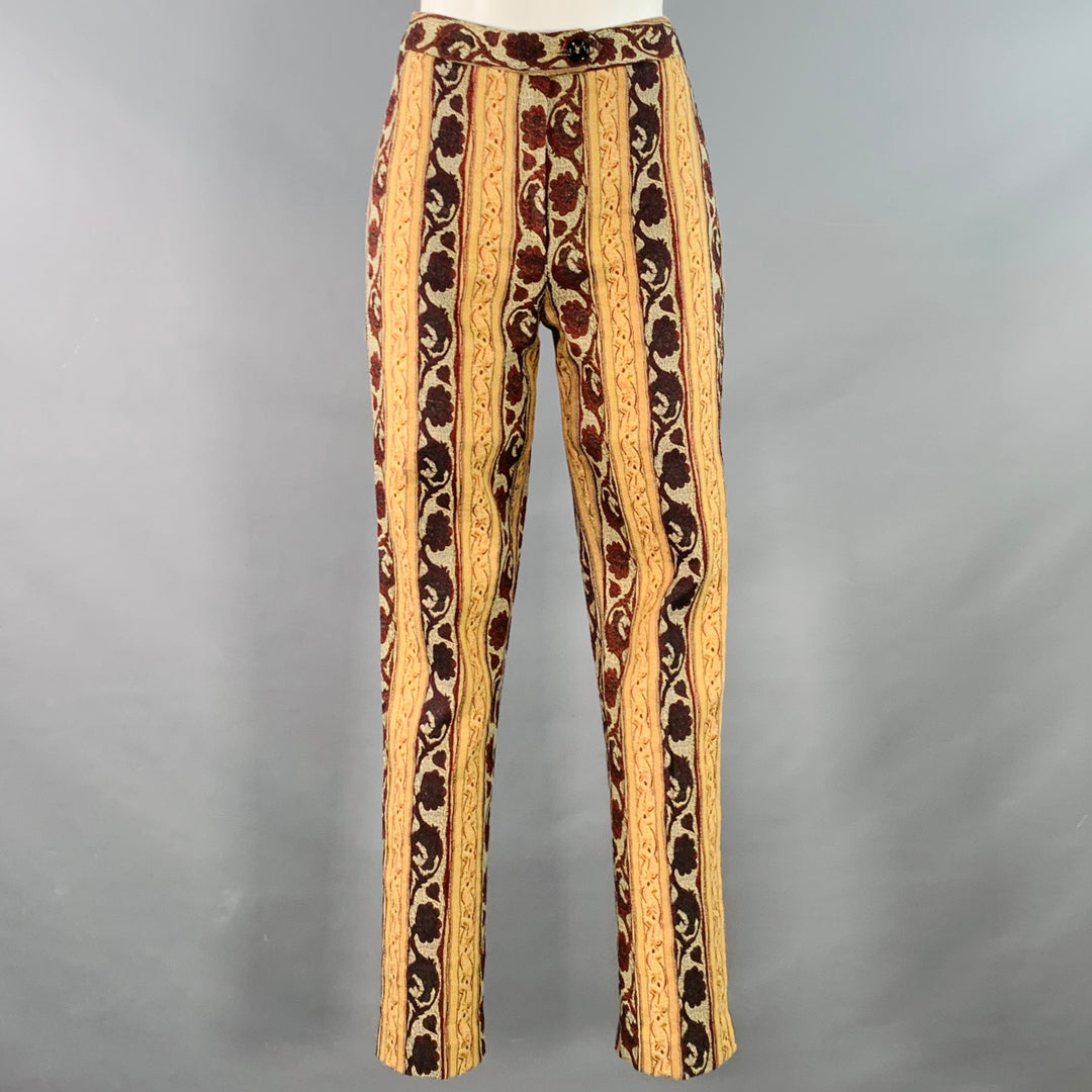 OZBEK Size 6 Burgundy Beige Polyester Blend Jacquard Tapestry Skinny D Sui Generis Designer Consignment OZBEK Size 6 Burgundy Beige Polyester Blend Jacquard Tapestry Skinny D Sui Generis Designer Consignment