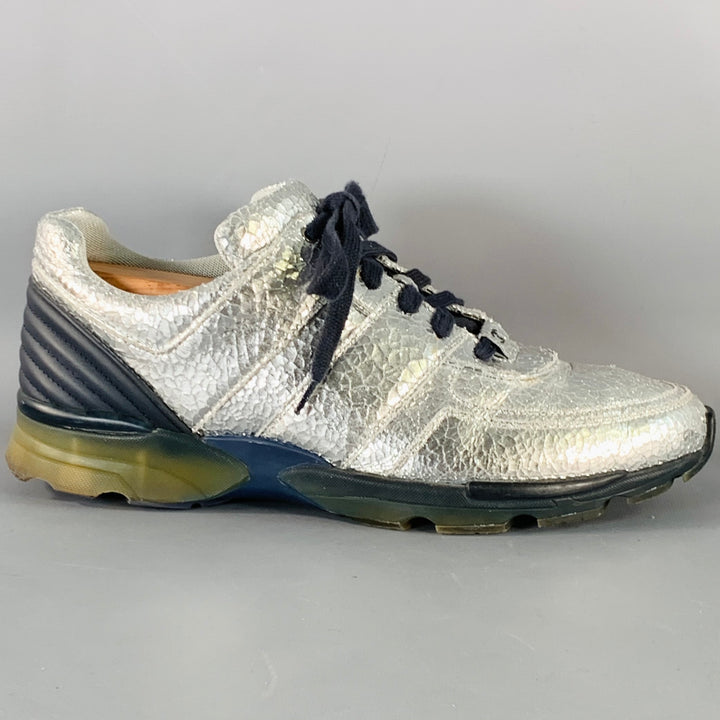 CHANEL Size 11 Metallic Silver Navy Crackled Leather Lace-Up Sneakers