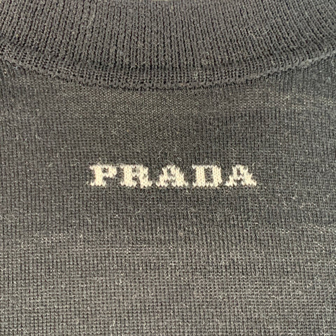 PRADA Size L Black White Jersey Logo Wool Long Sleeve Pullover