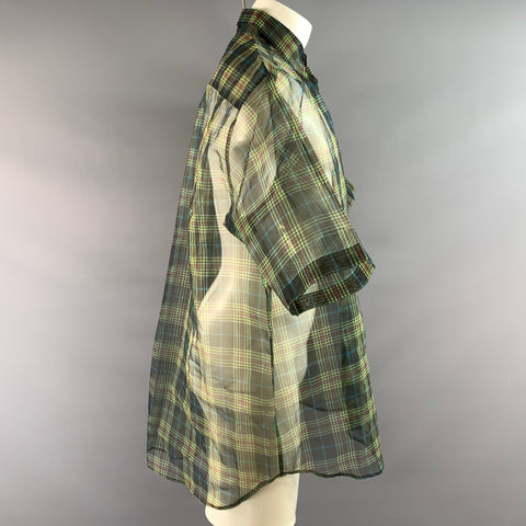 RAF SIMONS Size XS Navy Green Plaid Polyester Oversized Short Sleeve Shirt