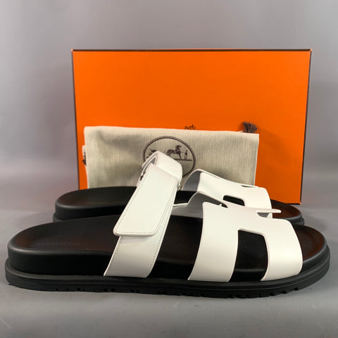 HERMES Size 9 White Black Leather Sandals