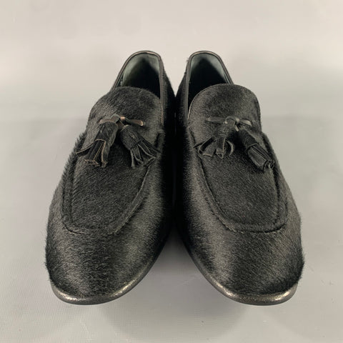SALVATORE FERRAGAMO Size 8 Black Leather Calf Hair Tassels Loafers
