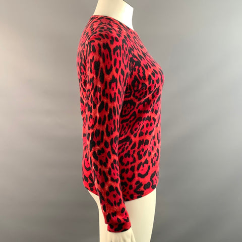 NEIMAN MARCUS Size L Red Black Cashmere Leopard Pullover Womens
