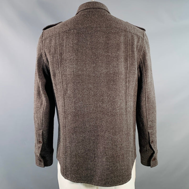 DKNY Size L Brown Grey Herringbone Wool Blend Two Pockets Long Sleeve Shirt