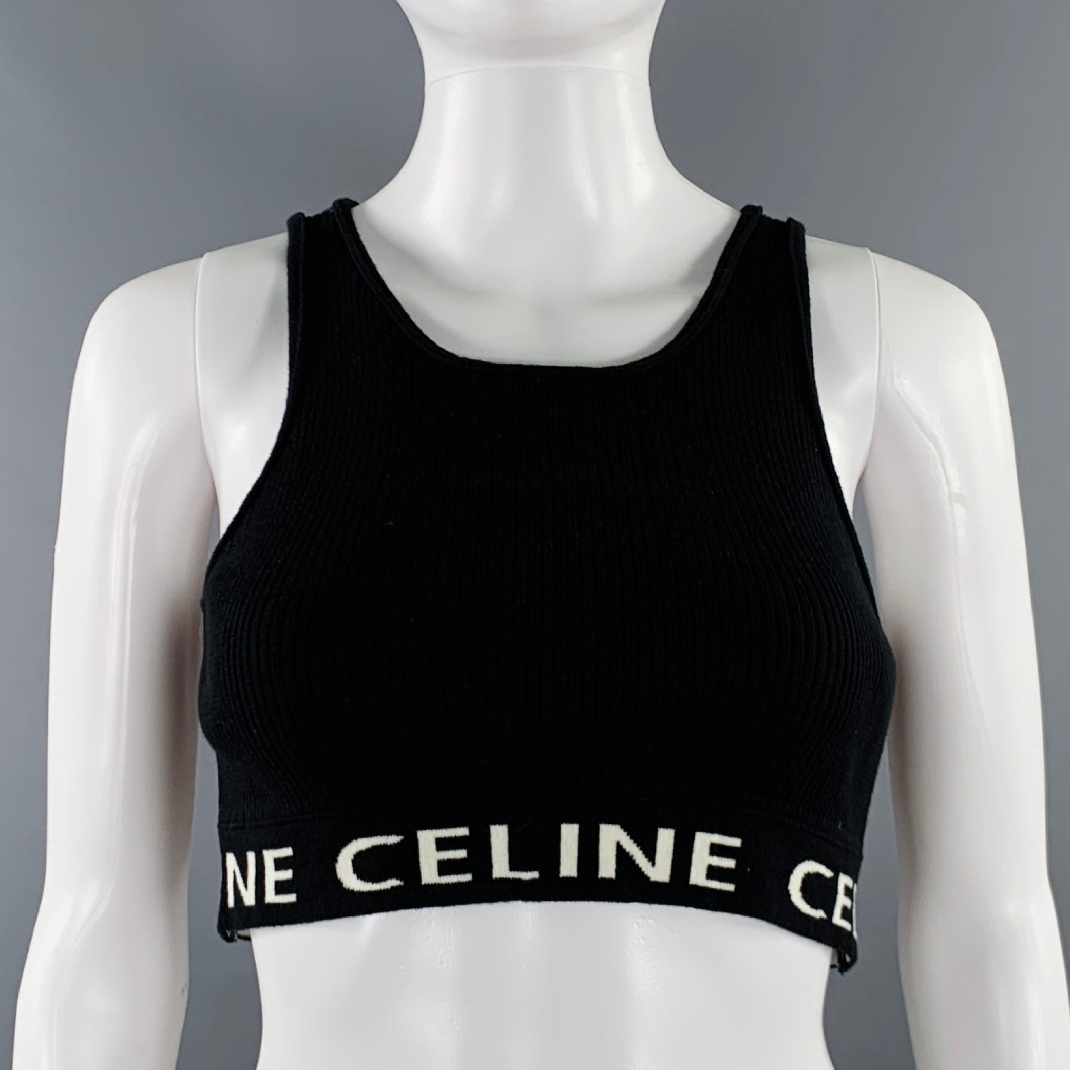 CELINE Size S Black White Cotton Logo Athletic Casual Crop Top