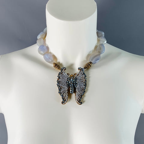 MIRIAM HASKELL Vintage Blue Gold Butterfly Beads Pendant Necklace