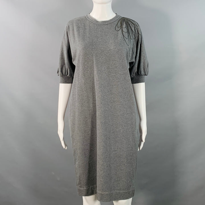 BRUNELLO CUCINELLI Size S Grey Cotton Blend Jersey Floral Monili Beaded Midi T-shirt Dress
