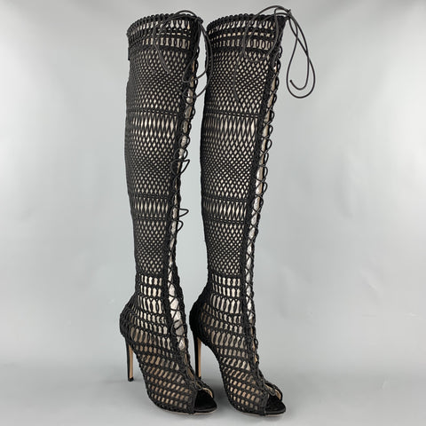GIAMBATTISTA VALLI Size 7 Black Knitted Suede Knee High Boots