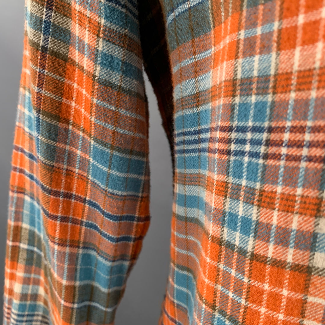 45rpm Size XL Blue Orange Plaid Cotton Curved Cutaway Flannel Long Sleeve Shirt