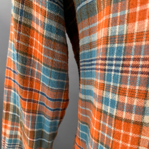 45rpm Size XL Blue Orange Plaid Cotton Curved Cutaway Flannel Long Sleeve Shirt