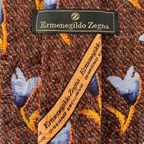 ERMENEGILDO ZEGNA Blue Brown Abstrack Floral Silk Tie