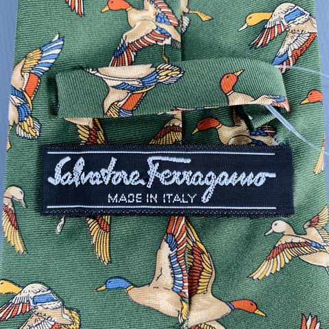 SALVATORE FERRAGAMO Green Multi Color Birds Silk Tie