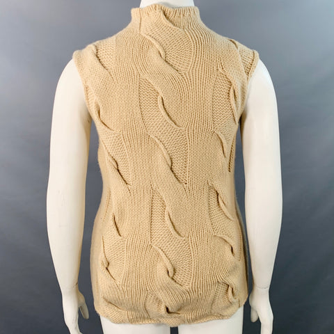 TSE Size L Beige Cashmere Cable Knit Sleeveless Mock Neck Sweater