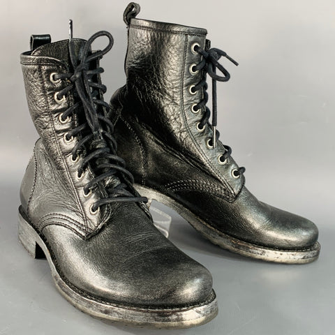 FRYE Size 7 Black Silver Leather Metallic Lace-Up Boots