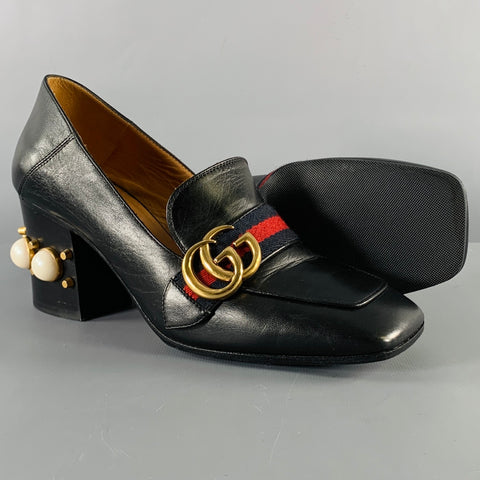 GUCCI Size 7.5 Marmont Black Leather Pearls Chunky Heel Pumps