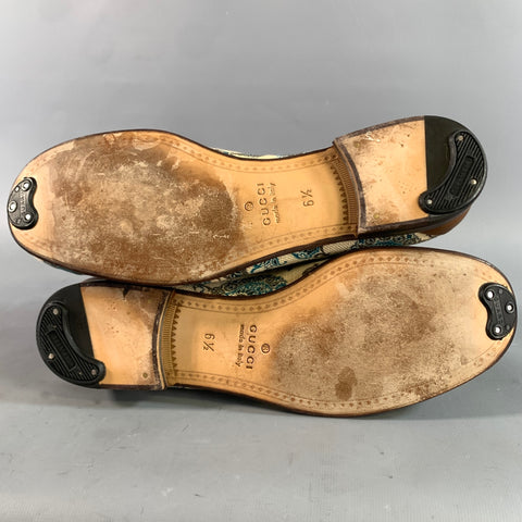 GUCCI Size 6.5 Cream Brown & Teal Paisley Mixed Fabrics Horsebit Loafers