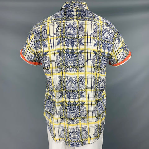 ROBERT GRAHAM Size L White Navy Yellow Print Silk Button Up Short Sleeve Shirt