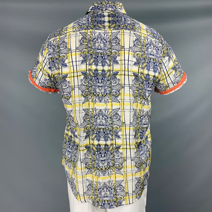 ROBERT GRAHAM Talla L Camisa de manga corta con botones de seda con estampado amarillo marino blanco