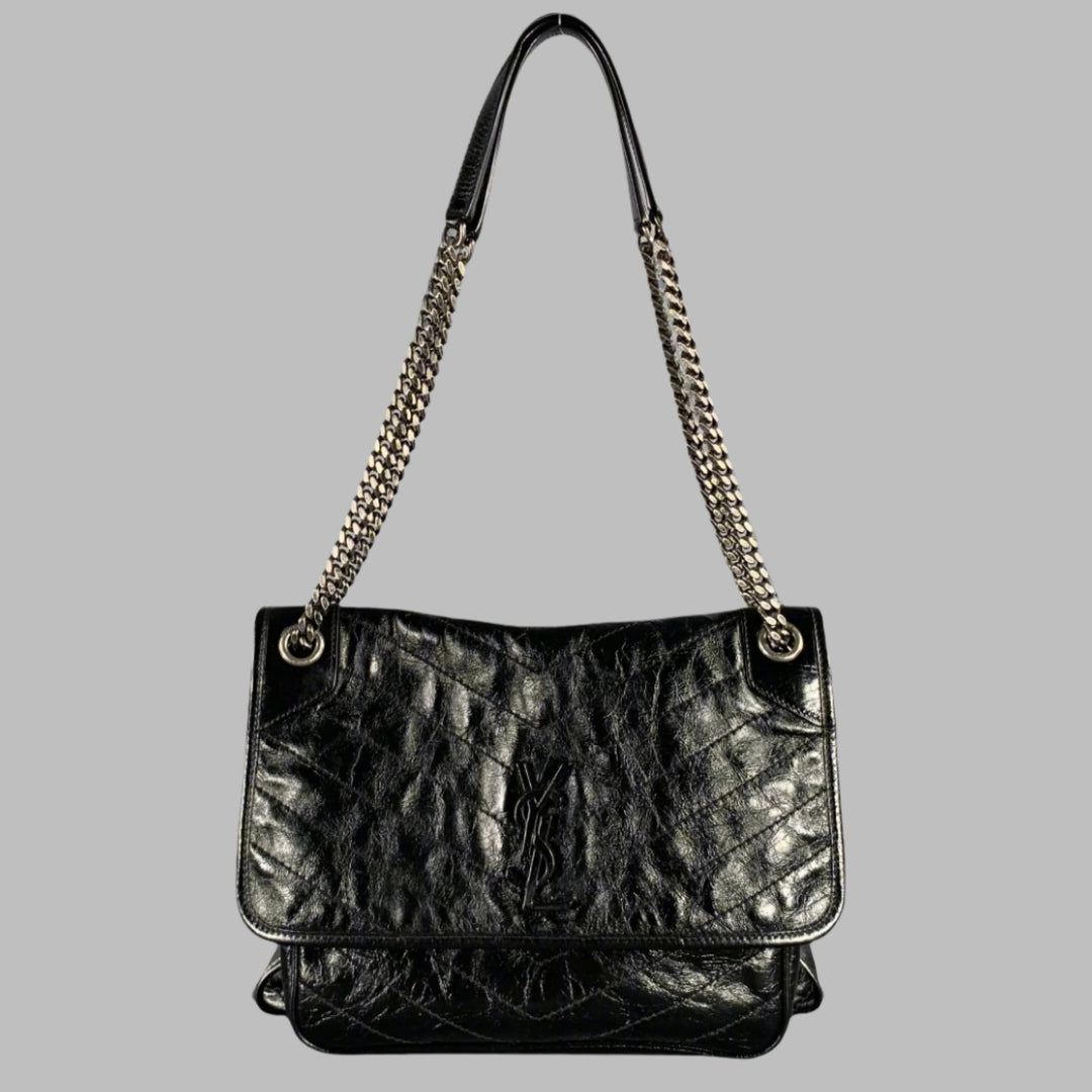 SAINT LAURENT Black Silver Chevron Leather Shoulder Bag Handbag