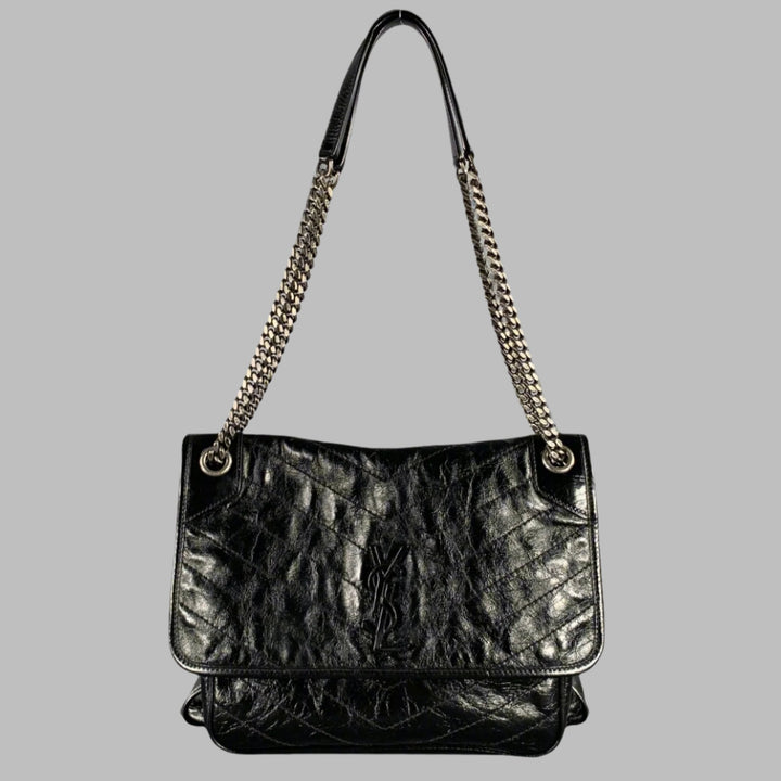 SAINT LAURENT Black Silver Chevron Leather Shoulder Bag Handbag