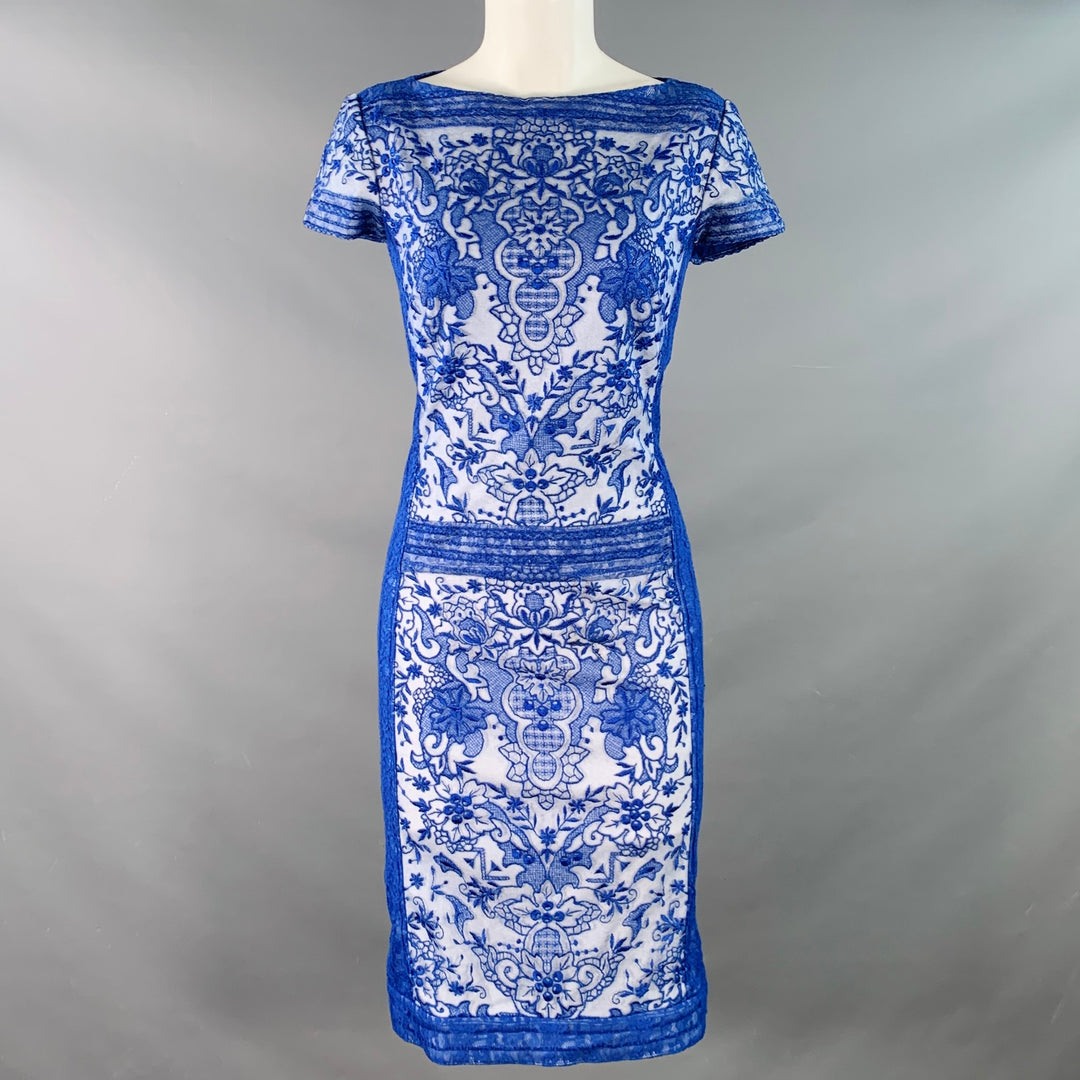 TADASHI SHOJI Size 6 Blue White Rayon Blend Lace Short Sleeve Cocktail Dress TADASHI SHOJI Size 6 Blue White Rayon Blend Lace Short Sleeve Cocktail Dress