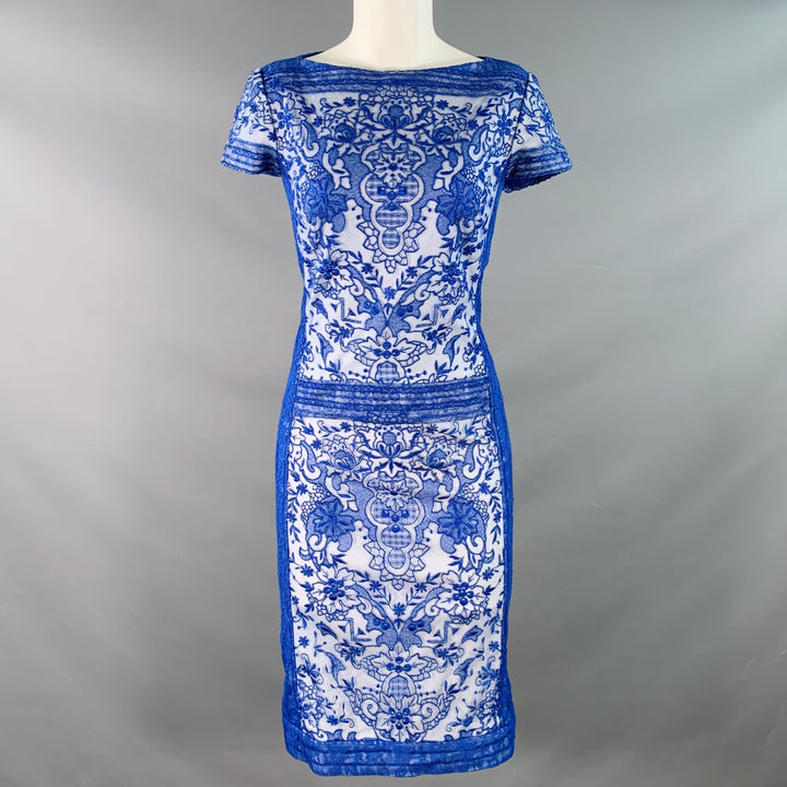 TADASHI SHOJI Size 6 Blue White Rayon Blend Lace Short Sleeve Cocktail Dress