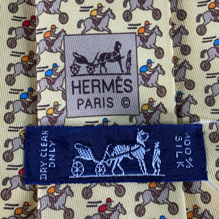 HERMES Yellow Multi Color Equestrian Silk Tie